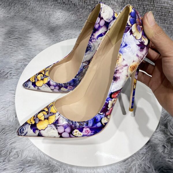 Flowers Paiting Print Glossy Pointy Toe Stiletto Pumps Chic Designer Ladies Slip On High Heel