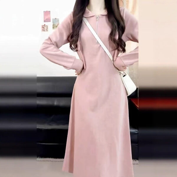 Pink Hooded Long Sleeve Dress for Women Elegant and Moderate Length, Fashionable Midi Dress