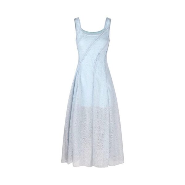 Blue Fitted Strap Long Dress with Square Neck and Textured Fabric, Elegant Waist-Cinching Summer Dress