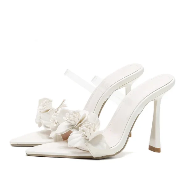 PVC Transparent Flower Sexy Pointed Toes Thin Heels Slippers