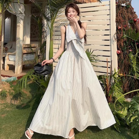 Gentle Style Striped Bow Neckline V-Neck Dress for Women, Summer Beach Vacation A-Line Dress, French Chic Long Dress