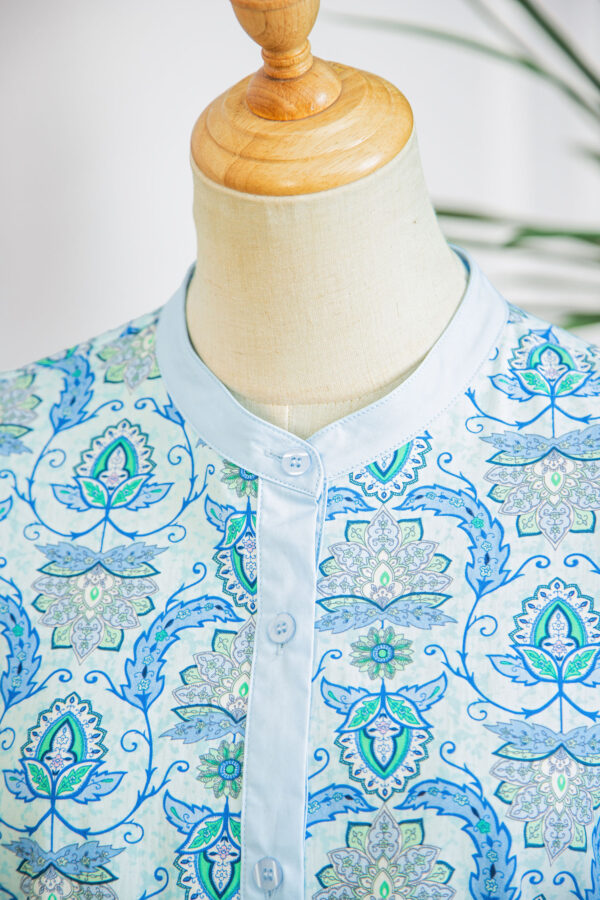 Sky Blue Paisley Print Puff Sleeve Loose Shirt