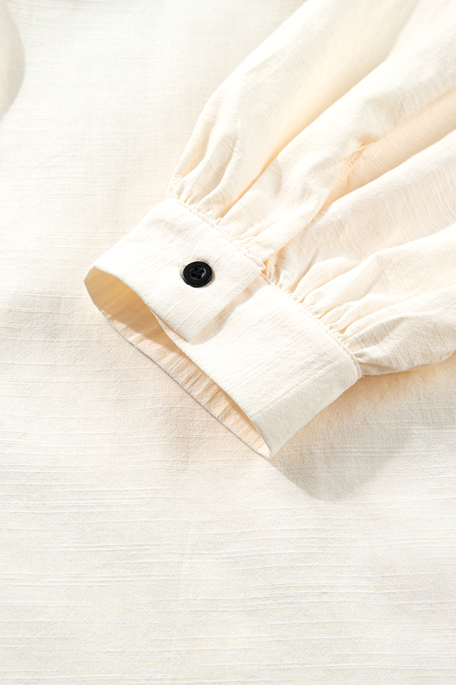 Beige Contrast Color Trim Button Down Long Puff Sleeve Shirt - Image 7