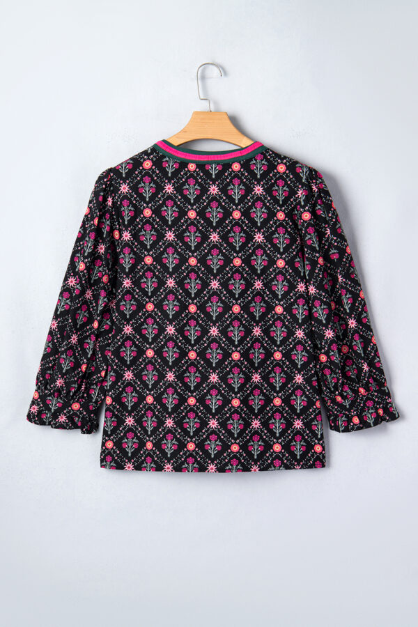 Black Contrast V Neckline Bracelet Sleeve Vintage Floral Blouse