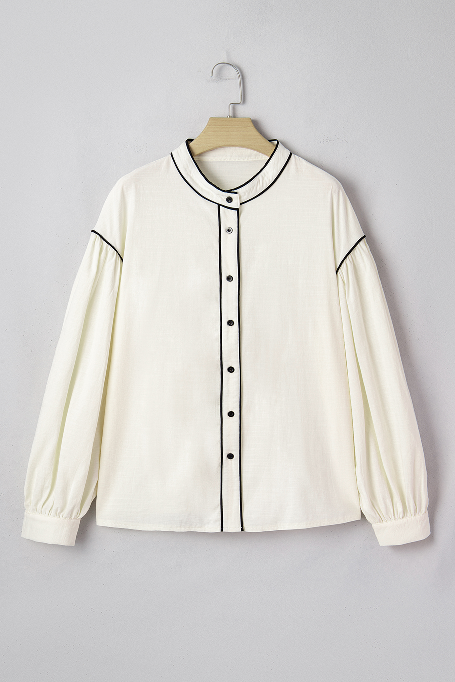 Beige Contrast Color Trim Button Down Long Puff Sleeve Shirt - Image 2