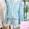 Sky Blue Paisley Print Puff Sleeve Loose Shirt
