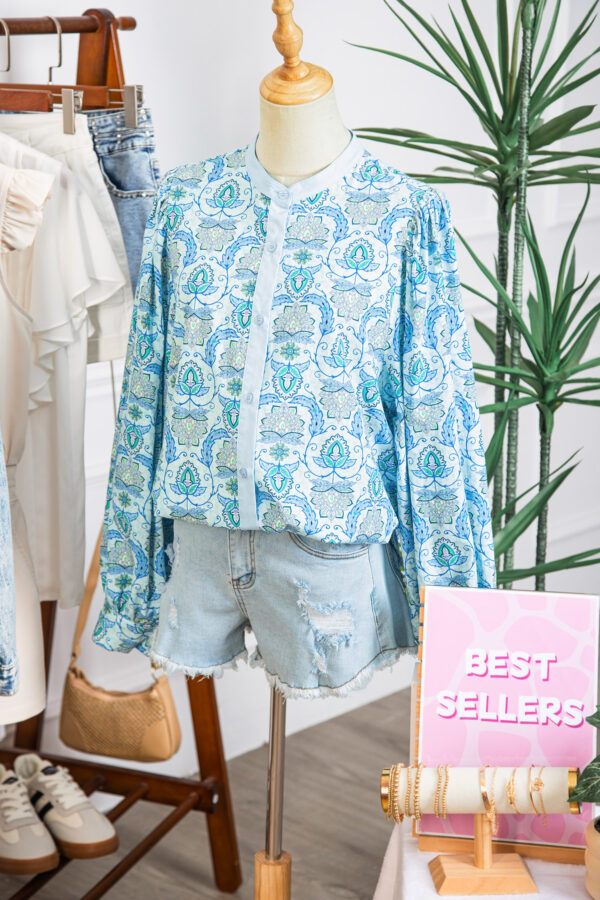 Sky Blue Paisley Print Puff Sleeve Loose Shirt