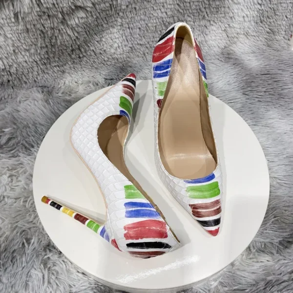 Colored Painted Women White Crocodile Effect Pointy Toe High Heel