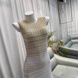 French Style Blue Gradient Mesh Sleeveless Slim Fit Vacation Knit Dress