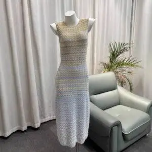 564074507 French Style Blue Gradient Mesh Sleeveless Slim Fit Vacation Knit Dress