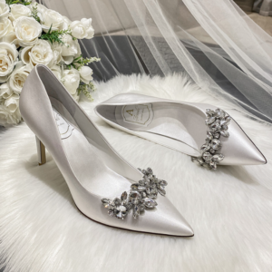 champagne satin bridal shoes with crystal detail