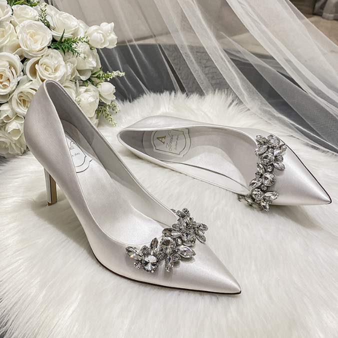 champagne satin bridal shoes with crystal detail