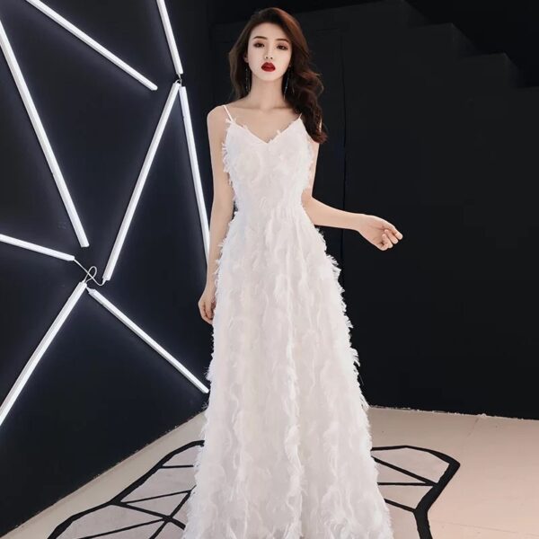 Luxury white evening dress with elegant suspenders for birthday and party events