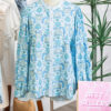 Sky Blue Paisley Print Puff Sleeve Loose Shirt