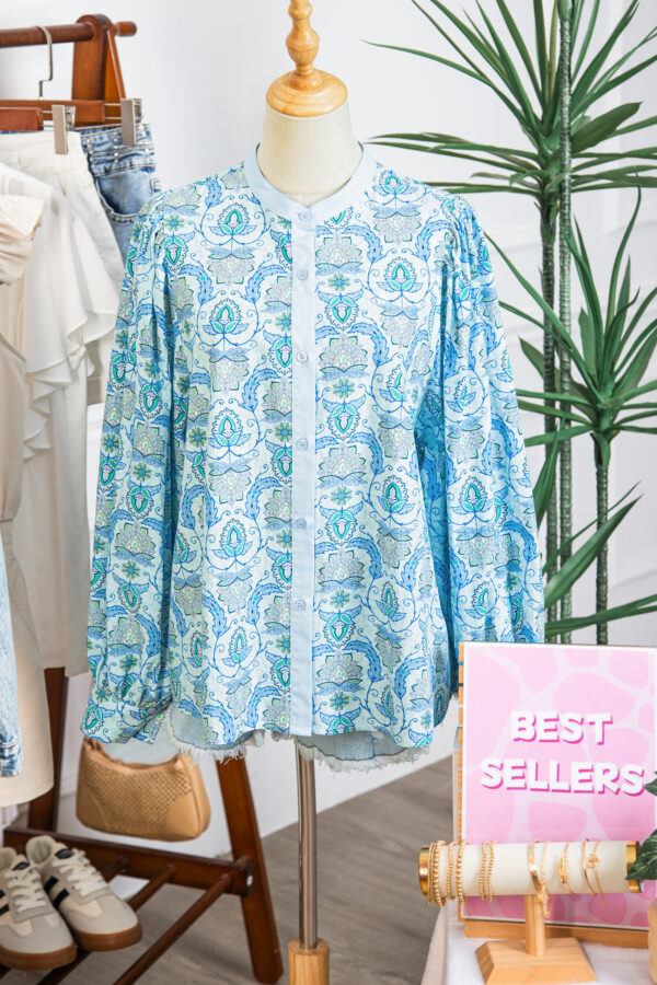 Sky Blue Paisley Print Puff Sleeve Loose Shirt