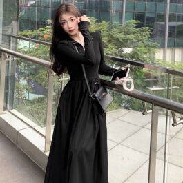 Hepburn Style Black Dress for Women Long Sleeve Fitted Slimming V-Neck Elegant Long Dress