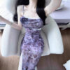 Sensual Lace Spliced Floral Print Strap Dress for Women Summer Fitted Bodycon Mermaid Long Dress