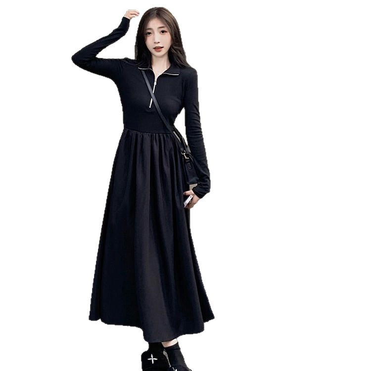 Hepburn Style Black Dress for Women Long Sleeve Fitted Slimming V-Neck Elegant Long Dress - Image 5