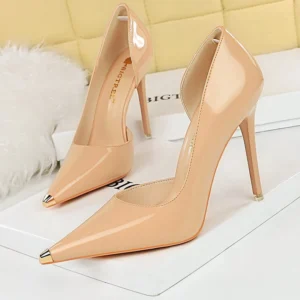elegant ladies pointed heel shoes on display