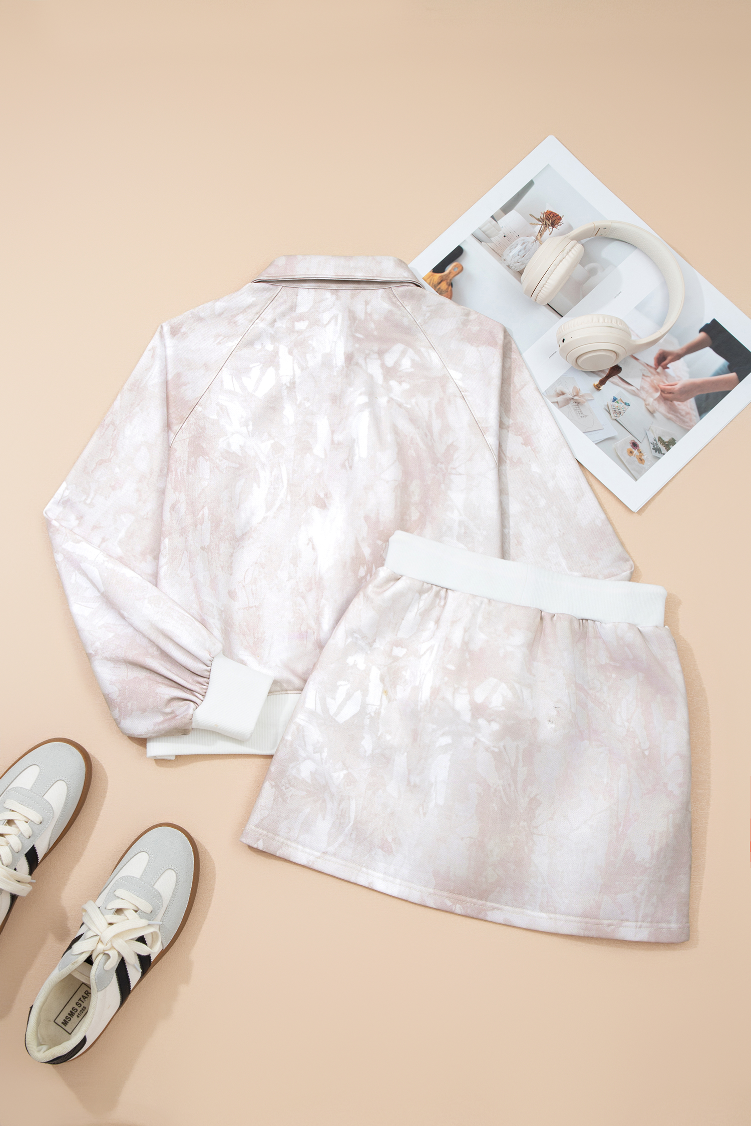 White Abstract Woodland Print Balloon Sleeve Pullover Drawstring Mini Skort Set - Image 7