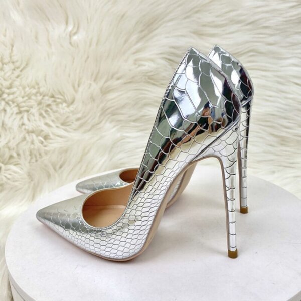 Silver Embossed Crocodile Effect Women Sexy Pointy Toe High Heel