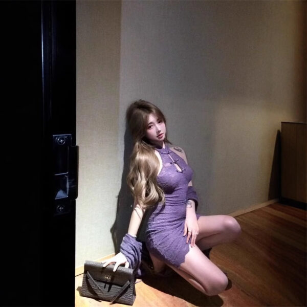New Chinese Style Purple ShawlQipao Lace Halter Neck Dress Fitted Bodycon Dress for Dating Short Dress