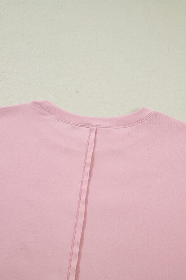 Light Pink Solid Color Bow Textured Patchwork Long Sleeve Tee
