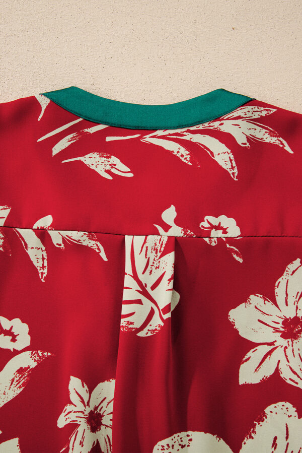 Red Contrast Tied Neck Shirred Puff Sleeve Flower Blouse