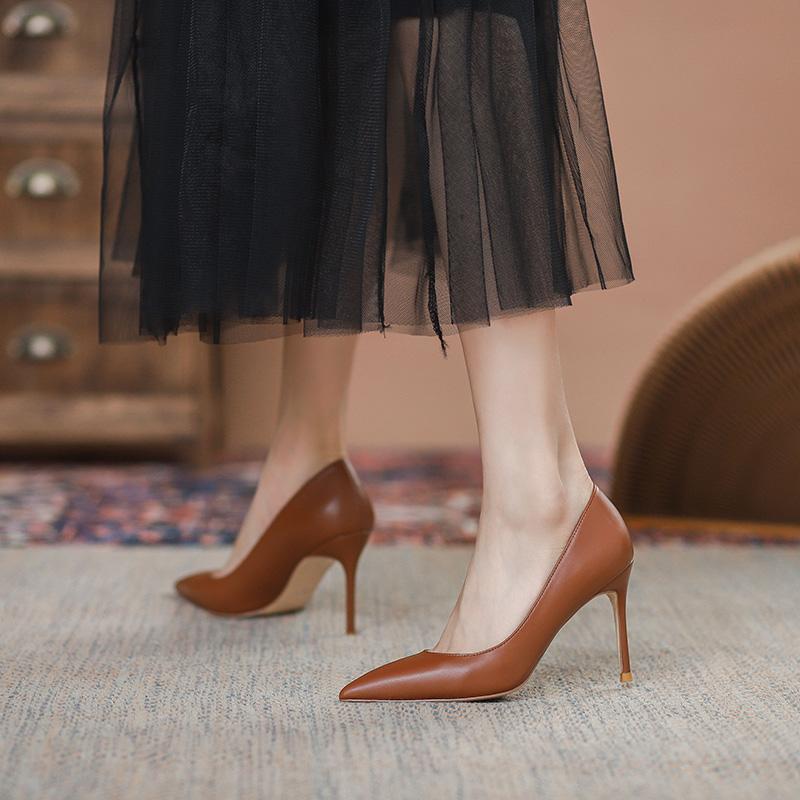 Solid Khaki Brown Matte Pointed Toe Stiletto High Heels - Image 3