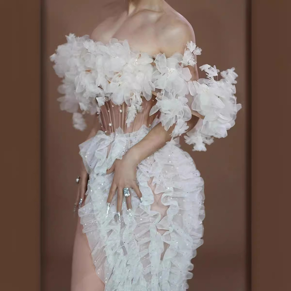 White Mesh High Slit Dress – Elegant Designer Look - Image 5