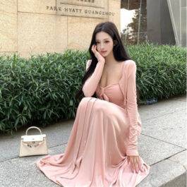 French Style Pure Seductive Pink Strapless Dress for Women, Autumn Winter Cardigan Matching Long Dress Set