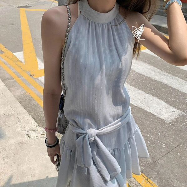 564074313 Blue Sleeveless A-Line Mini Dress – Halter Neck & Ruffle Off-Shoulder