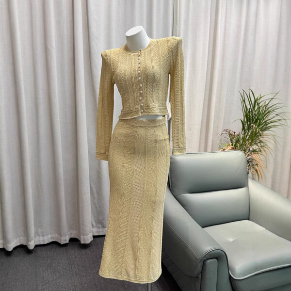 French Elegant Ribbed Gold Hollow Pattern Refined Commute Top + Skirt Set for Women