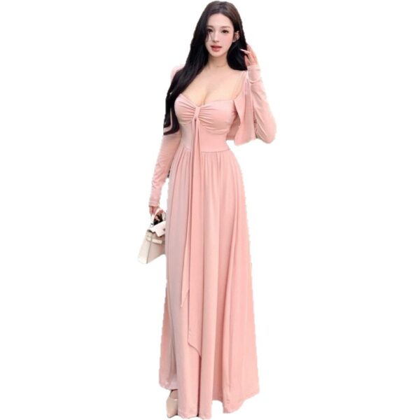 French Style Pure Seductive Pink Strapless Dress for Women, Autumn Winter Cardigan Matching Long Dress Set