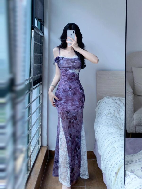 Sensual Lace Spliced Floral Print Strap Dress for Women Summer Fitted Bodycon Mermaid Long Dress