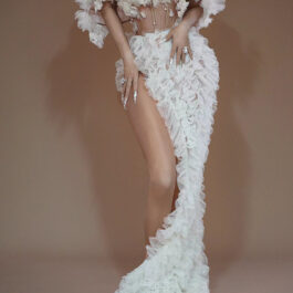 White Mesh High Slit Dress – Elegant Designer Look