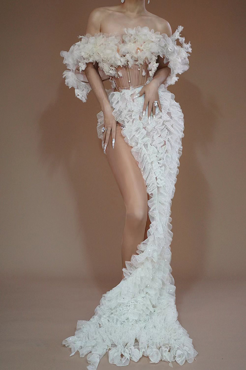 White Mesh High Slit Dress – Elegant Designer Look - Image 2