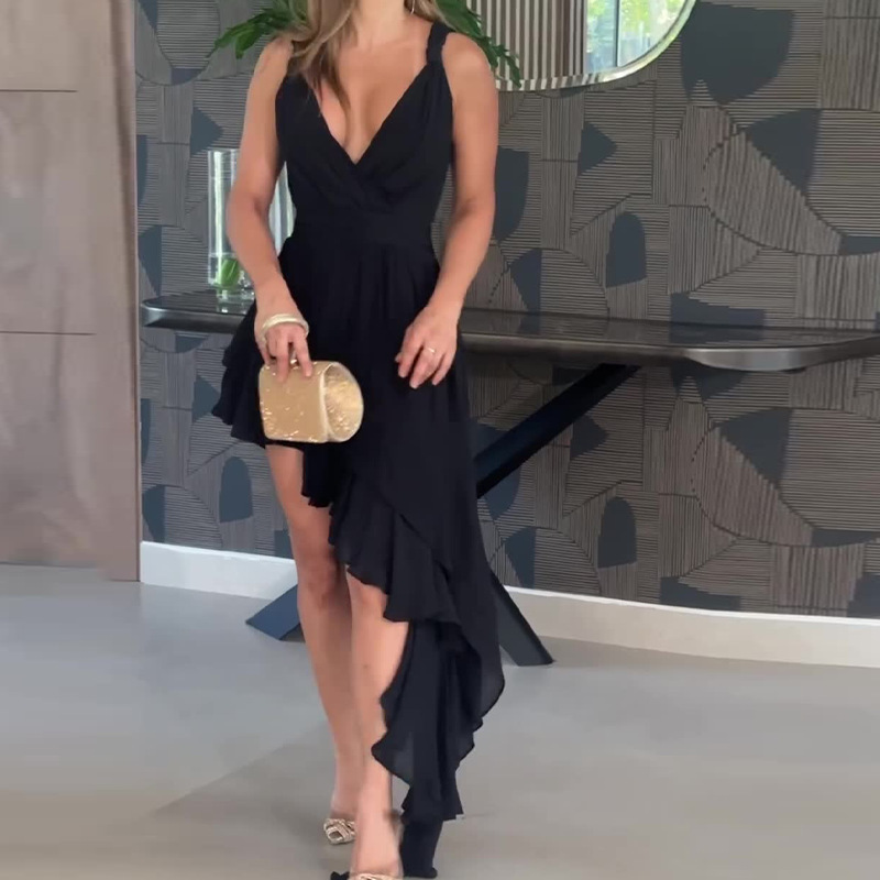 Luxury Low Cut Irregular Ruffled Sling Dress – Celebrity Designer Evening Wear - Image 2