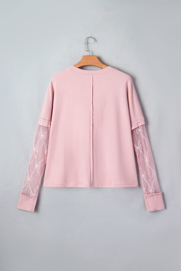 Light Pink Solid Color Bow Textured Patchwork Long Sleeve Tee