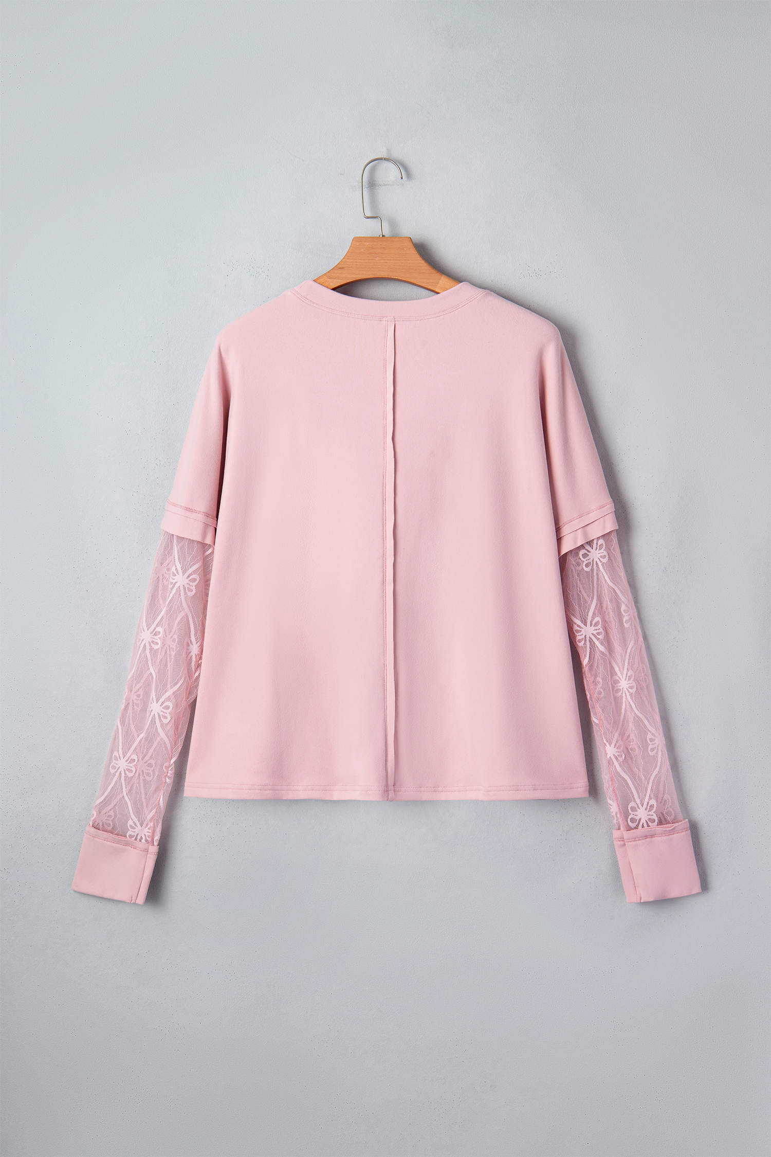 Light Pink Solid Color Bow Textured Patchwork Long Sleeve Tee - Image 9