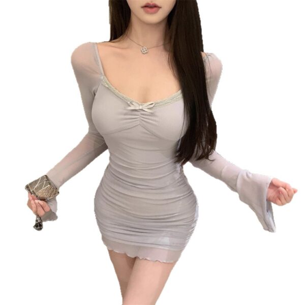 Sensual Sheer Long Sleeve Dress for Women, Early Autumn Lace Trim Purple Sexy Fitted Bodycon Mini Dress