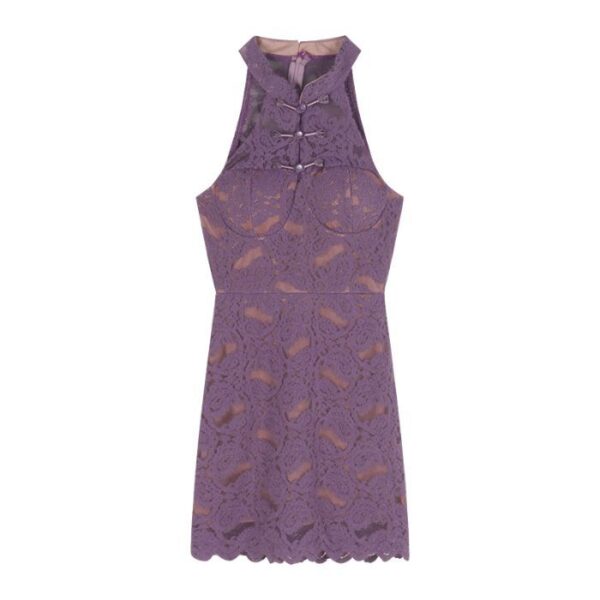 New Chinese Style Purple ShawlQipao Lace Halter Neck Dress Fitted Bodycon Dress for Dating Short Dress