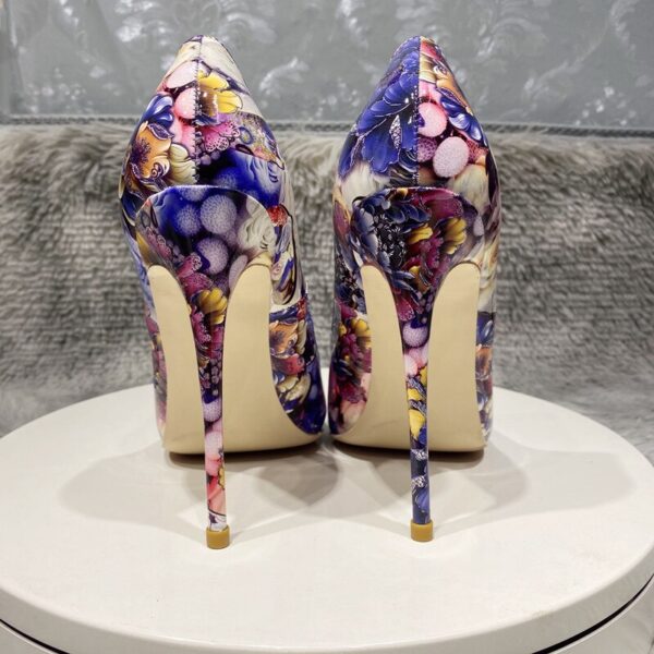 Flowers Paiting Print Glossy Pointy Toe Stiletto Pumps Chic Designer Ladies Slip On High Heel