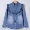 Dusk Blue Vintage Wash Denim Ruffle Detail Button Down Shirt