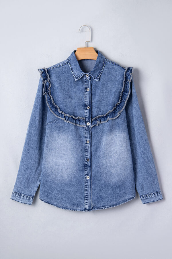 Dusk Blue Vintage Wash Denim Ruffle Detail Button Down Shirt
