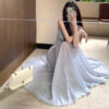 Blue Fitted Strap Long Dress with Square Neck and Textured Fabric, Elegant Waist-Cinching Summer Dress