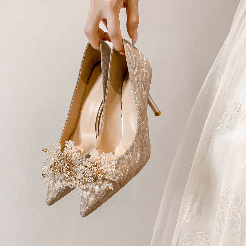 sparkling high heel shoes with crystal flower detail