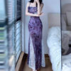Sensual Lace Spliced Floral Print Strap Dress for Women Summer Fitted Bodycon Mermaid Long Dress