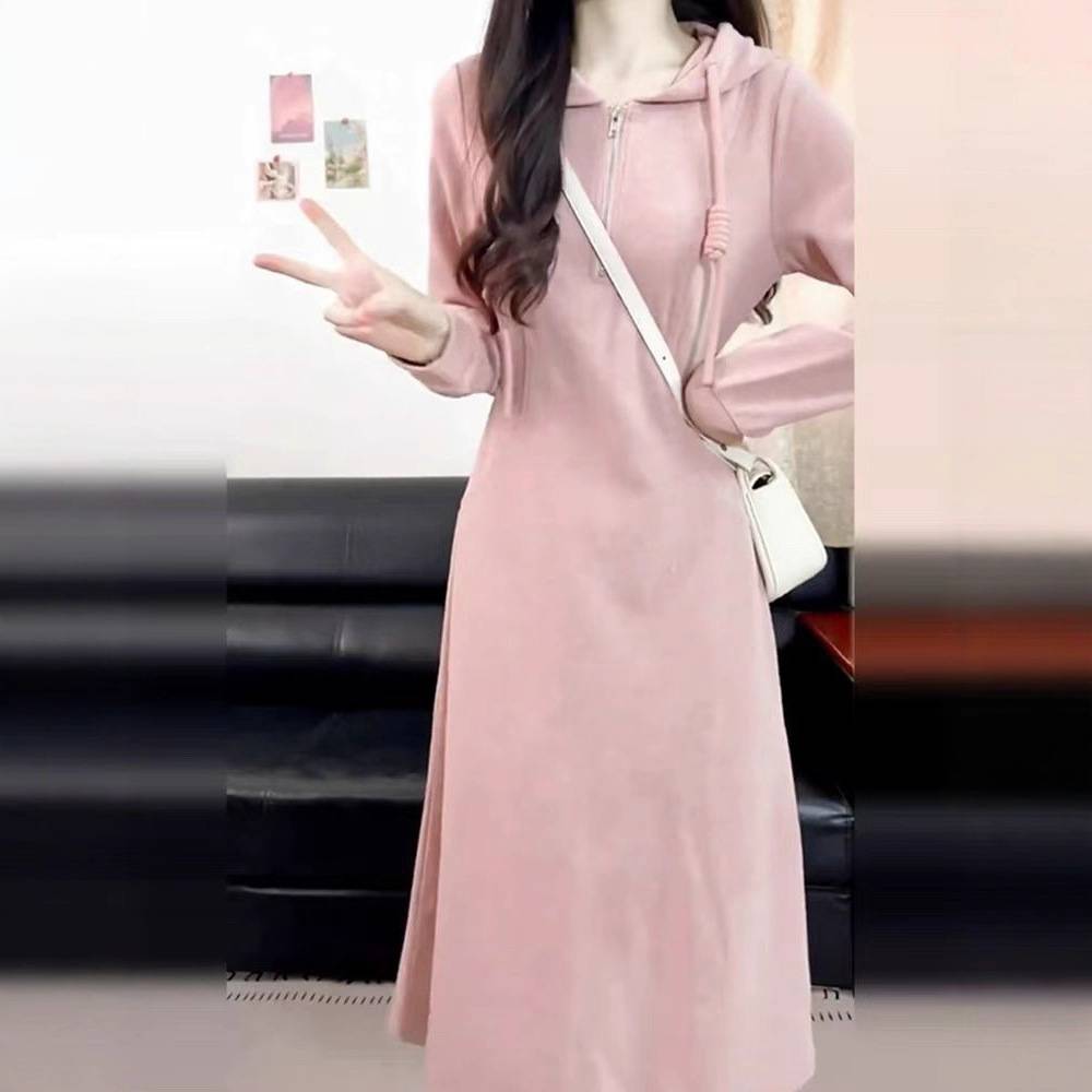 Pink Hooded Long Sleeve Dress for Women Elegant and Moderate Length, Fashionable Midi Dress