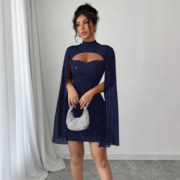 Elegant Women's Knit Striped Pearl Chiffon Cape Sheath Dress with Round Neck